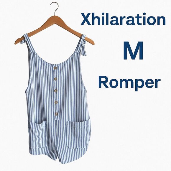 🌴 Xhilaration Blue & White Striped Tie Strap Romper - Size M - Picture 1 of 13